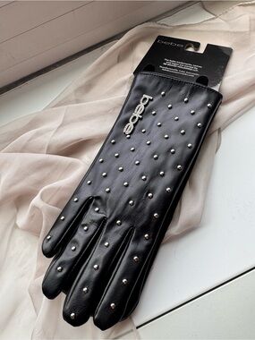 Bebe Black Studded Leather-Look Gloves with Logo Charm